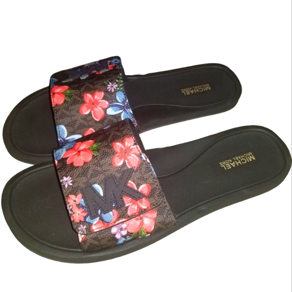 Michael Kors Shoes - EUC Michael Kors Slides Floral and Black MK Sandals